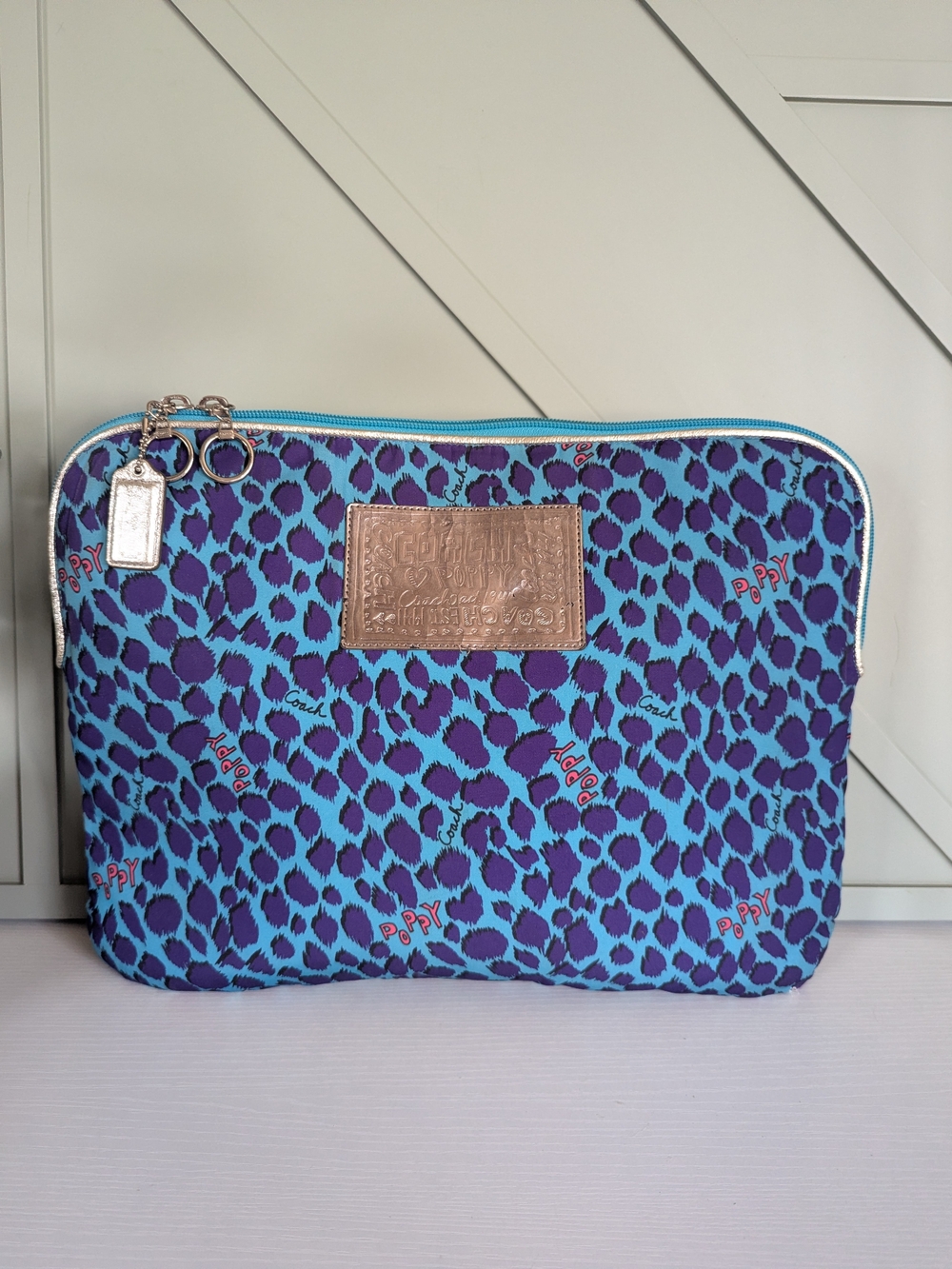 Coach Blue Purple Leopard Zip Pouch with Metallic Logo Patch